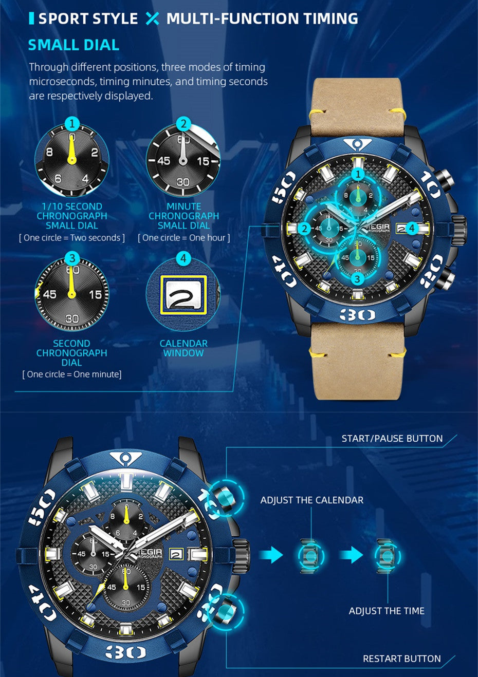 Megir Big Dial Luminous Leather Watch | Chronlux