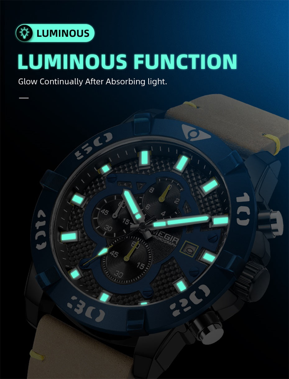 Megir Big Dial Luminous Leather Watch | Chronlux